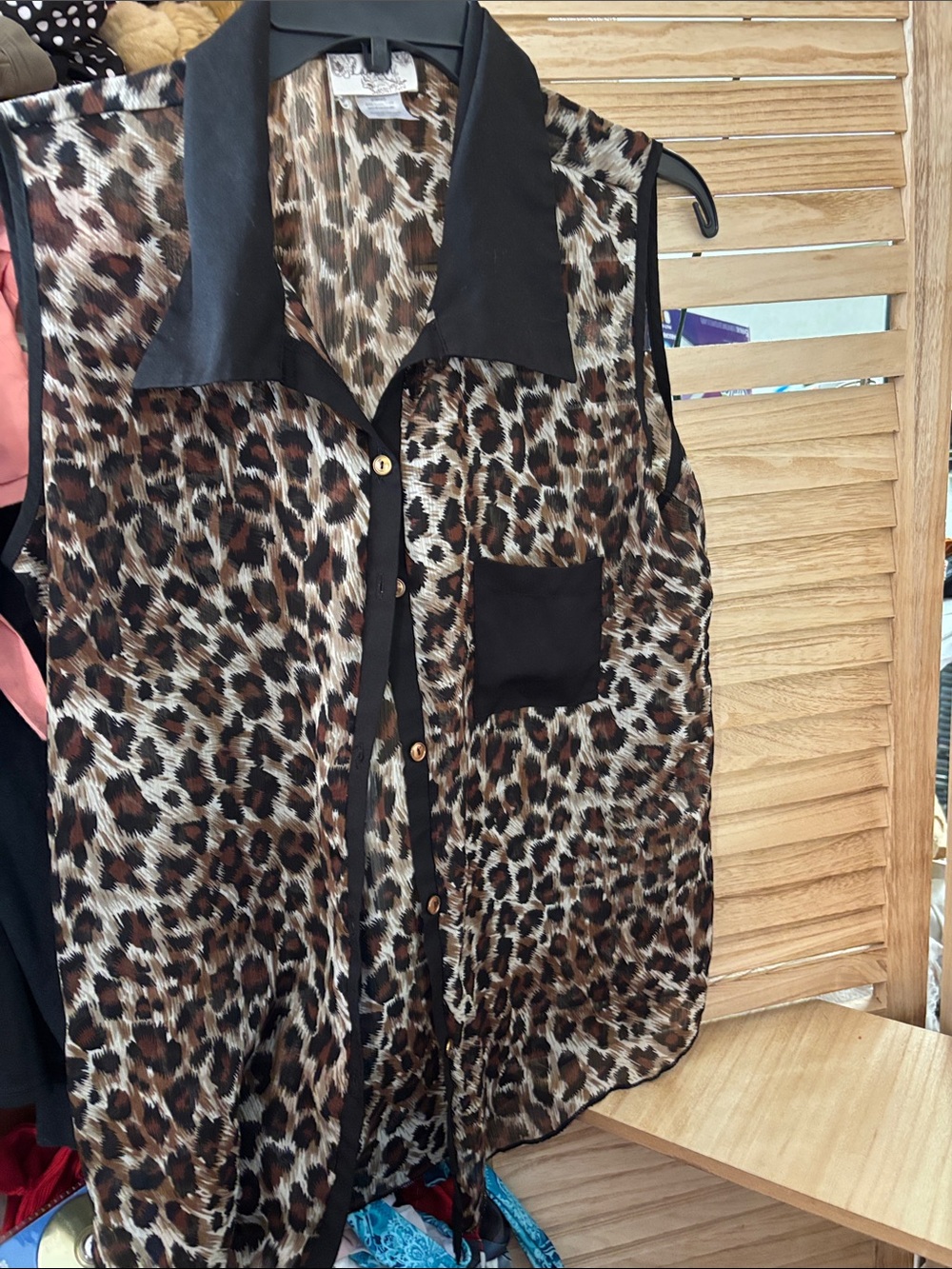 Lavish Brown and Black Leopard Print Sleeveless Sheer Shirt Medium